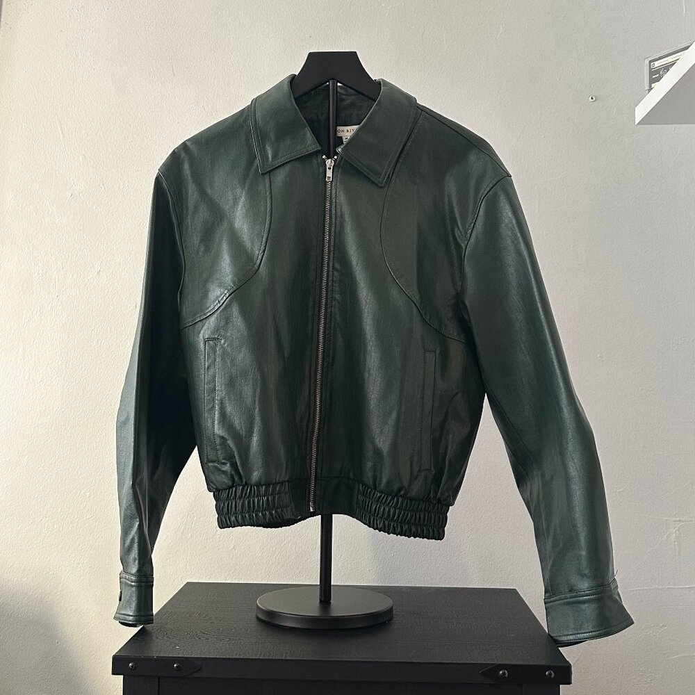 Moon River Dark Green Faux Leather Bomber Jacket – Size M